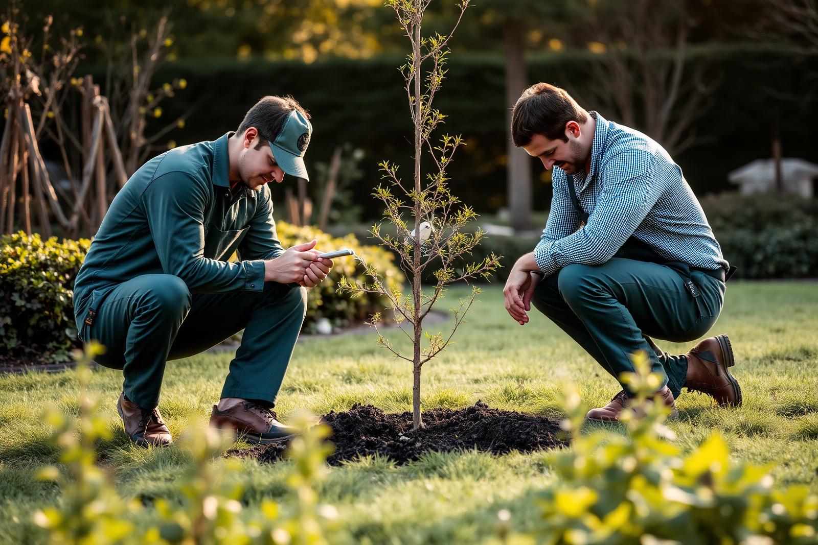 Two Legacy Growers staff planting a young specimen tree in a garden